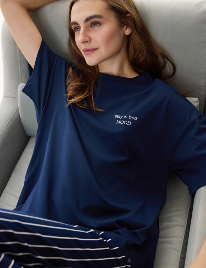 PNTO0S9V26IY Գիշերազգեստ շապիկ կիսաթև և տաբատ  COZY STRIPES SS PANTOLON SET
